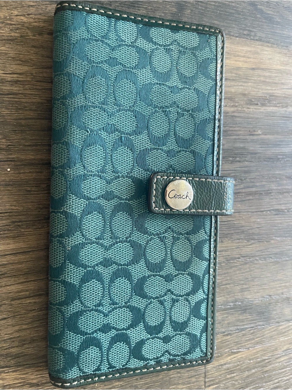 Vintage Coach Signature Monogram Long Bifold Wallet - Teal Green